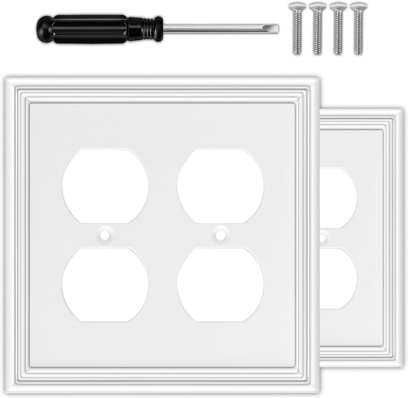 OKAYZIP White Decorative Double Outlet Covers Wall Plate, Natural Material Light Switch Plate Outlet Covers - Modern Style (2 Gang Duplex 2 Pack) - Image 1